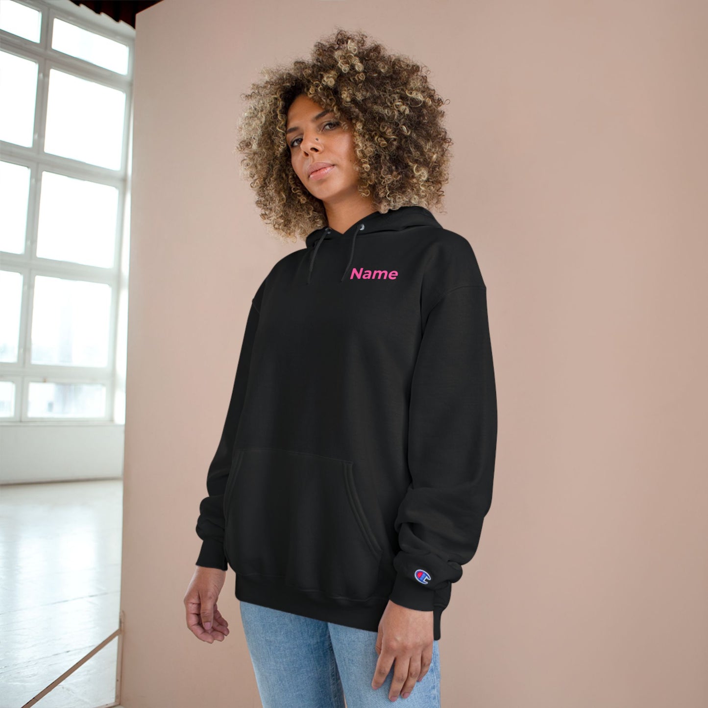 Champion Hoodie - Custom Name Retro Logo Hoodie (Pink)