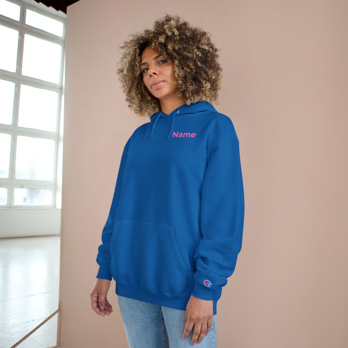 Champion Hoodie - Custom Name Retro Logo Hoodie (Pink)