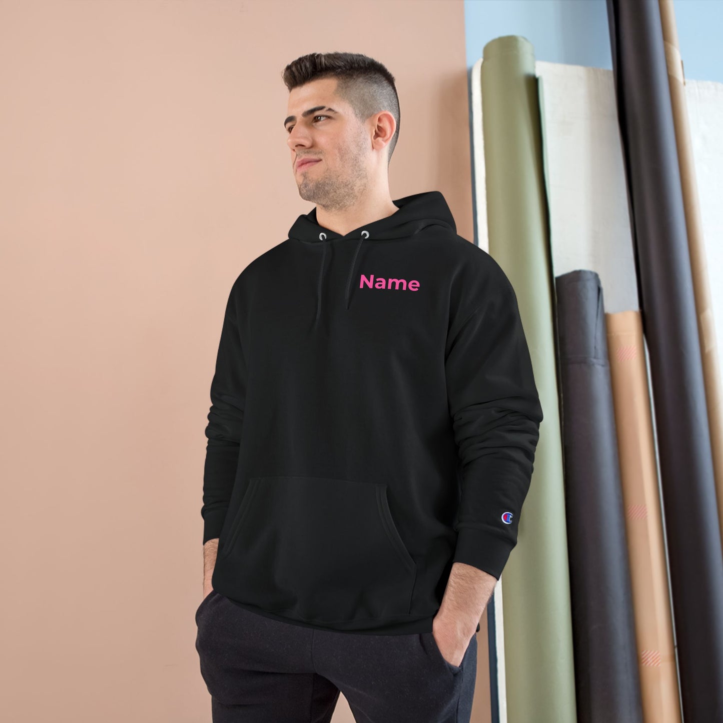 Champion Hoodie - Custom Name Retro Logo Hoodie (Pink)